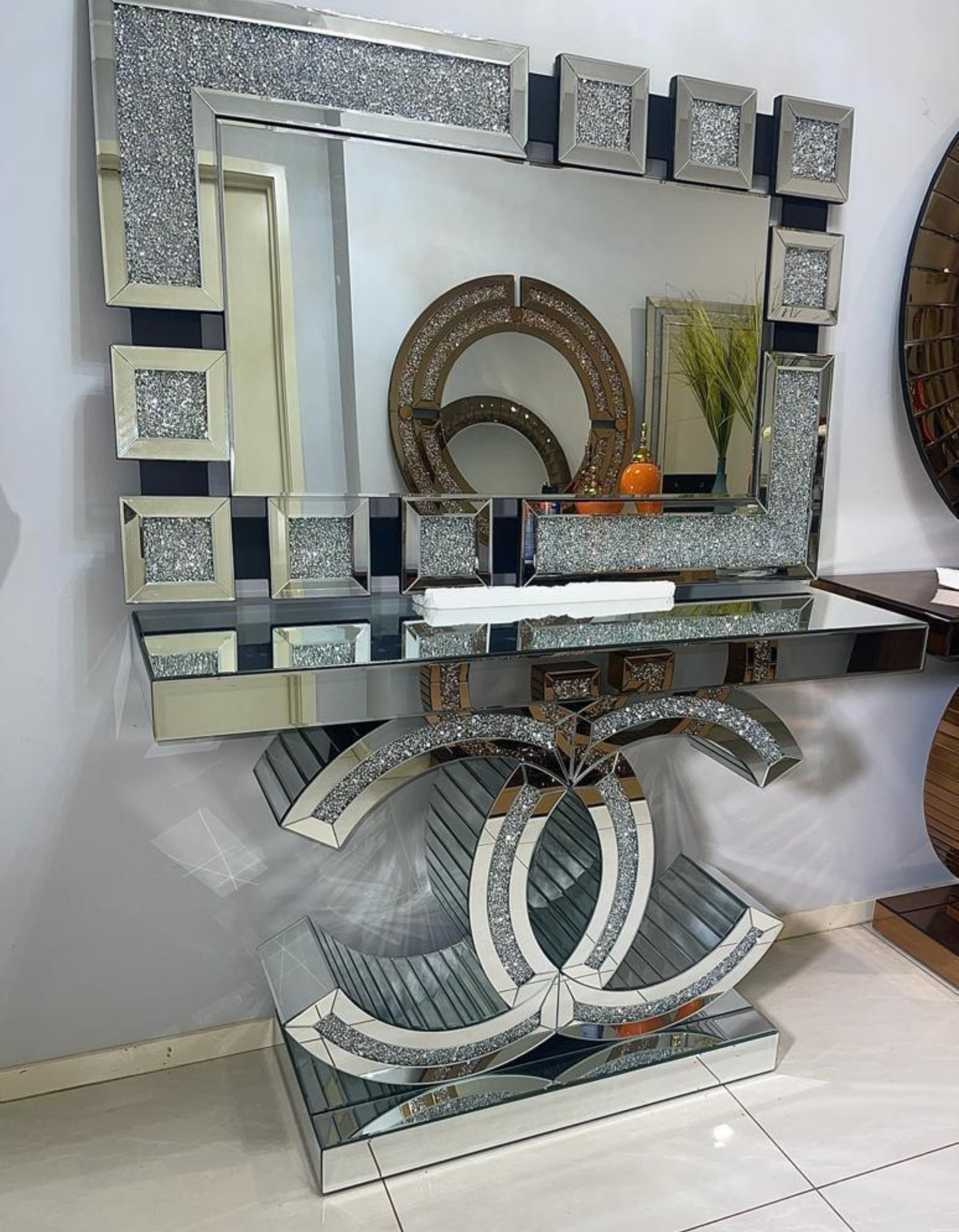 Channel Shape Mirrored Console Table