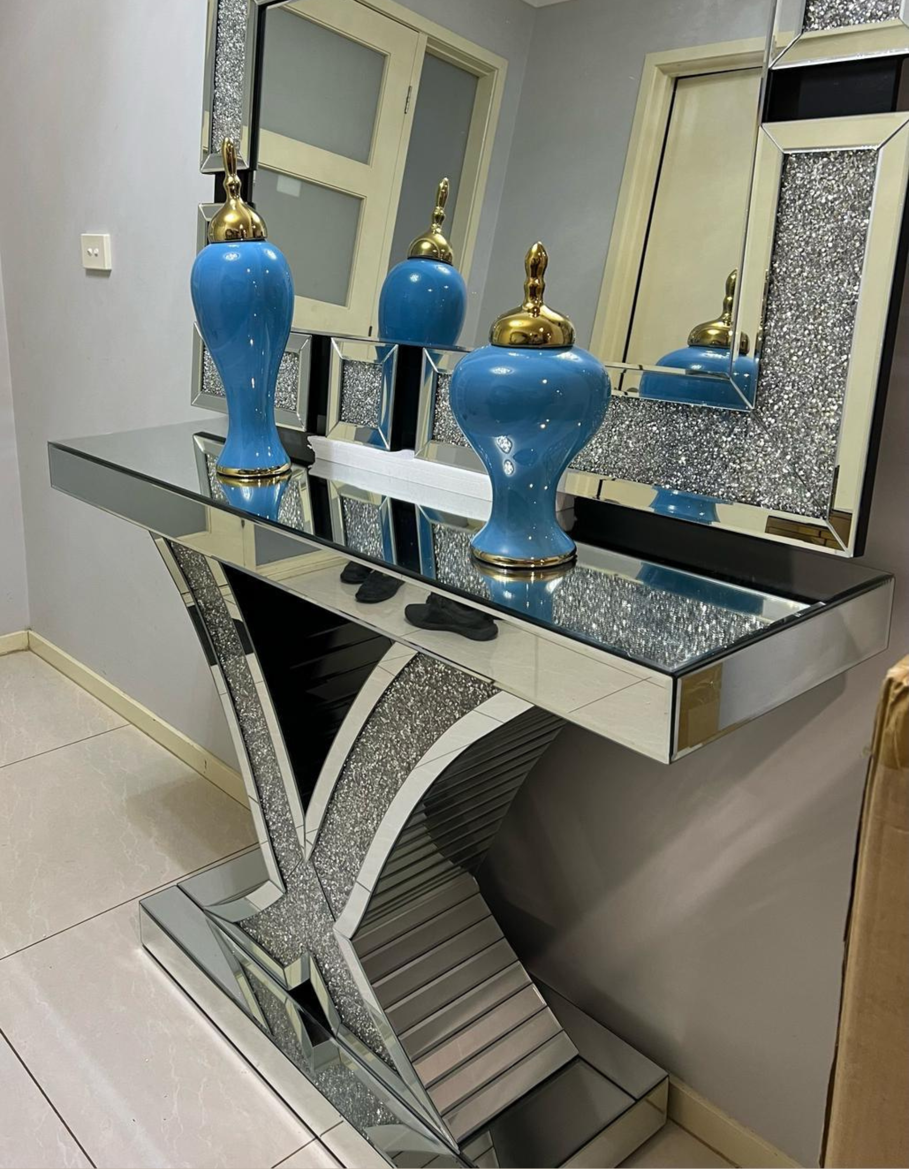 Silver Mirrored V- Shape Console Table
